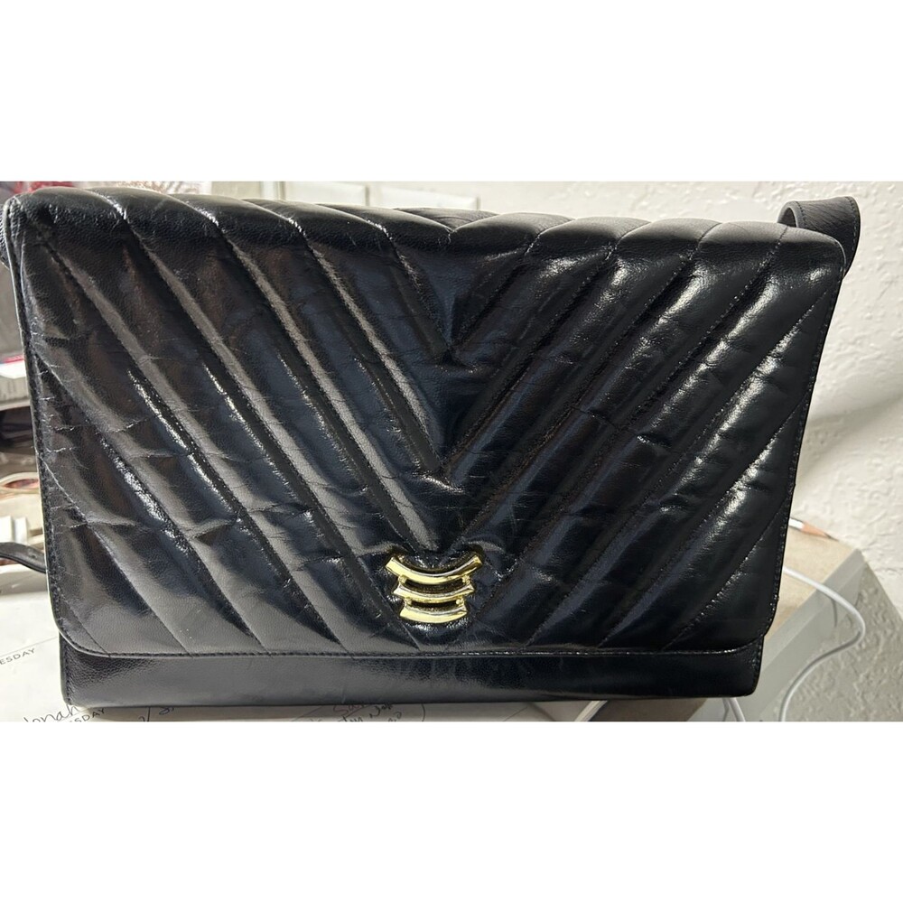 Vintage 1980s California Magdesians Black Chevron-Quilted Leather Handbag USA